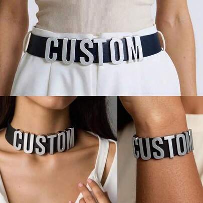 1 Set Customized Black Punk Leather Letters Belt Collar Hand Cuff Bangles Personalized Name Necklace Buckle Body Jewelry Cosplay Accessories