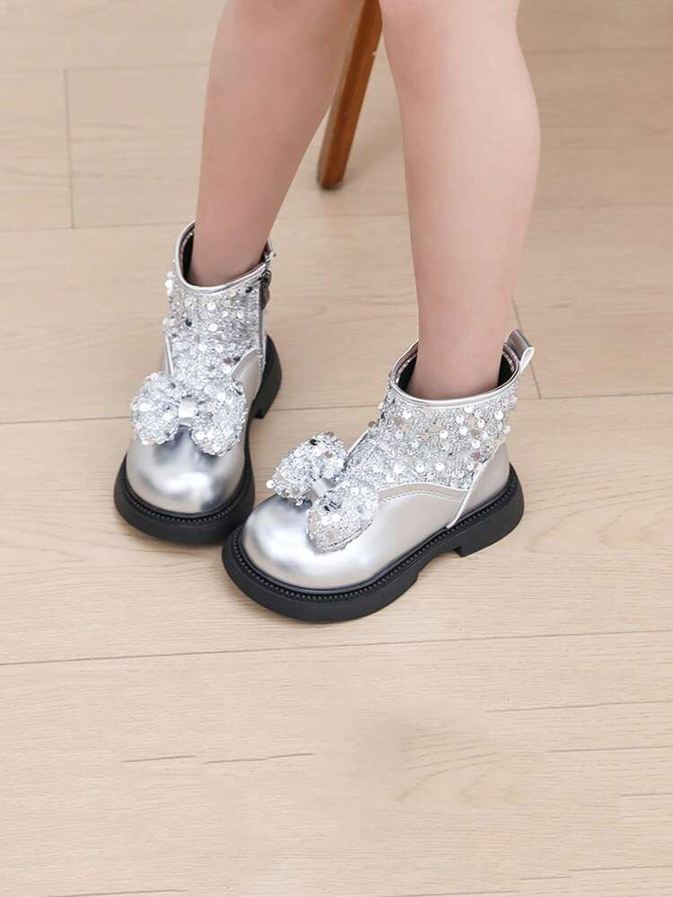 1 Pair Girl & Kids Rhinestone Sequin Fashion Mid-Calf Boots, Versatile Anti-Slip Durable Boots - Silver - View 2
