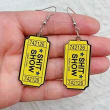 1 Pair Vintage Boho Style Acrylic Cartoon Alphanumeric Earrings, Lightweight Alloy Hook, Quirky "7421 SHOW" Design With Yellow Background & Black Border, Perfect For Daily Wear, Party Gifts, And Humorous Statement Accessories, Humorous Jewelry