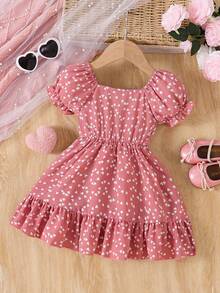 Vestido de verano para niñas jóvenes con estampado de corazones, cuello cuadrado, mangas abullonadas y bajo de cola de sirena en patchwork - Rosa - Ver 2