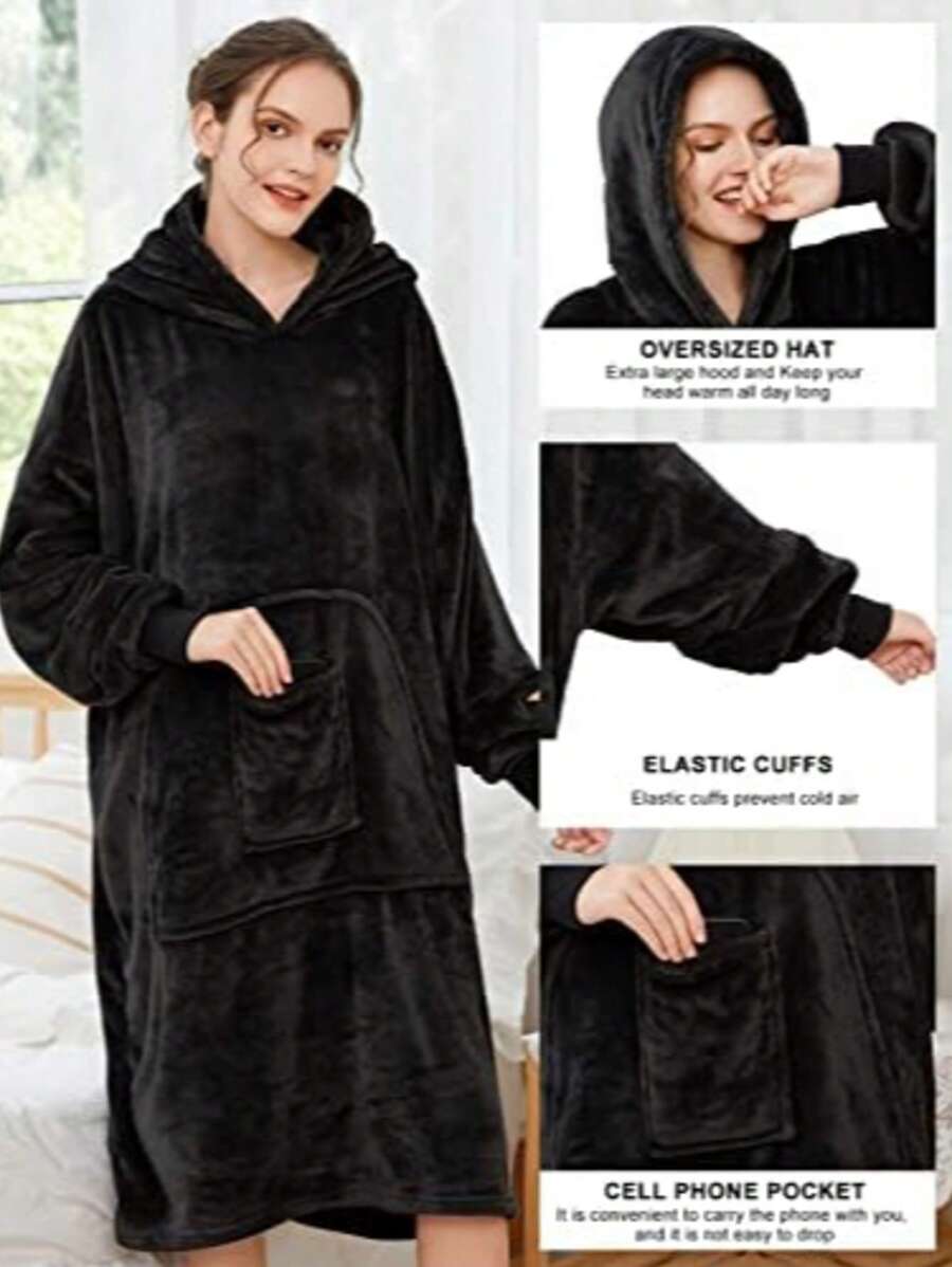 Flannel Thickened Sherpa Hooded Pullover Loungewear, Cozy Snuggle Wearable Blanket For Cold Weather