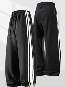 男士休闲运动户外跑步长裤，宽松直筒裤，条纹拼色，腰部抽绳 - 黑色 - 查看 7