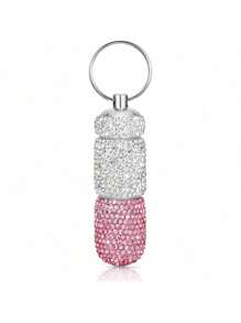 Portable Bling Keychain Storage Box 2 Compartments Small Travel Storage Case Pill Organizer Outdoor Rhinestone Waterproof Small Pill Holder With Keychain Cute Storage Box For Outdoor Camping Case