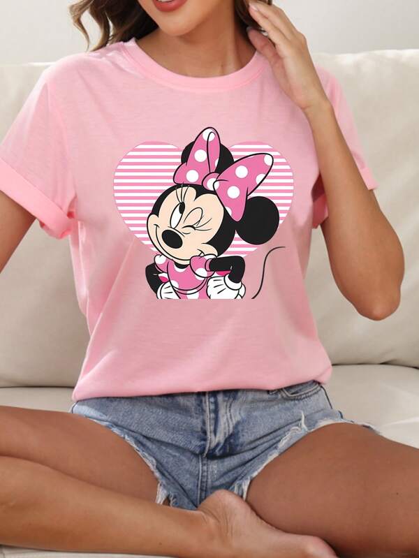 Disney Disney Women's Loungewear T-Shirt, Cute Winking Mickey Mouse Cartoon Print, Comfortable T-Shirt