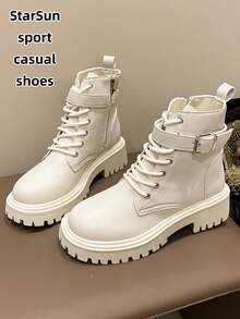 Damen Metall Schnalle Schnürstiefel mit rundem Zehenbereich, Plateau-/Blockabsatz, Lederoberfläche, wasserdicht, leicht zu reinigen, Gummisohle, rutschfest, verschleißfest