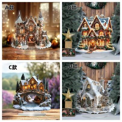 1 Piece 2D Christmas Snow House Series, Covered With Thick Snowflakes, Desktop Display Panel Decoration, Multifunctional Home And Office Desktop Decoration, With Bracket