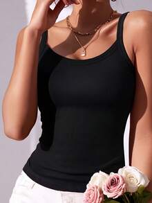 1pc Lightweight Solid Color Ribbed Casual - Comfortable Minimalist Casual - Regular Casual Casual - Athletic Casual Sleeveless Regular Crew Neck Tank Top - Black - View 5