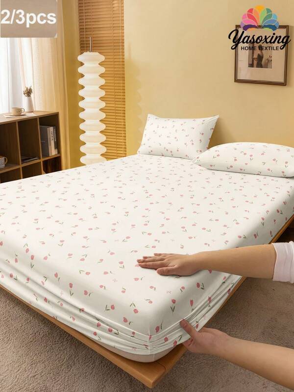 3pcs/Set Tulip Flower Fitted Sheet Set, High-Quality BrushedFriendly Comfort Plant Geometric Floral Design For Home And Hotel Use - 1 Fitted Sheet + 2 Pillowcases (No Fillers) King Queen Twin Full Size Sheet Bedspread Deep Pocket Up To 11.8 Inch Breathable Wrinkle-Free Better For Sleep, Machine Washable