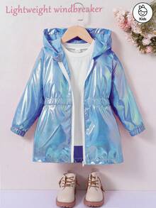 Chaqueta cortavientos de niña de color púrpura láser, multifuncional, de moda, personalizada, fresca, con diseño especial de cintura, sudadera con capucha de longitud media con cremallera, adecuada como regalo para la hija - Azul - Ver 1