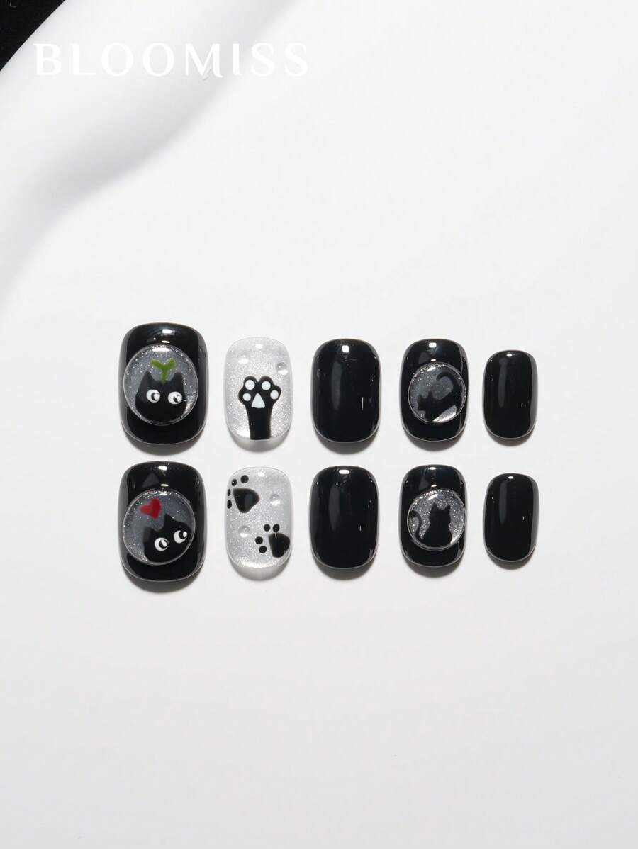 10 Pieces Of Handcrafted Press On Nails Short ,Black Nails , Summer Nails , Reusable Fake Nails Nail Supplies Nails