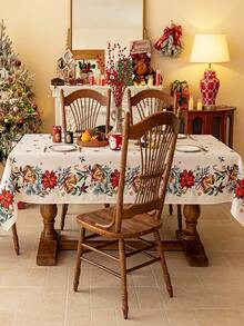 MineLain 1pc Merry Christmas Apricot Tablecloth, Christmas Bell & Flower Print, 3D Bamboo-Like Texture, Machine Washable, Polyester Rectangular Tablecloth, Suitable For Kitchen, Dining Room, Gatherings, Meals, Holidays, Parties, Christmas Decor, New Year Decor, Autumn Decor, Christmas Gift - Multicolor - View 3