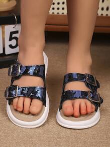 1 Pair Children's Fashionable Soft Thick-Soled Glossy Flat Slide Sandals, Suitable For Home, Beach, Vacation And Outdoor Play In Summer
