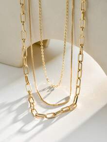 3 件/套女士多层项链，时尚链条项链套装，可拆卸设计，可单独佩戴（链条连接器数量随机） - 金黃色 - 查看 4