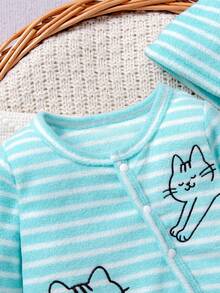 2pcs/Set Newborn Baby Girl Blue & White Striped Kitten Print Round Neck Button Down Long Sleeve Top And High Waist Leggings Outfit, Soft Fabric Comfortable For Daily Wear