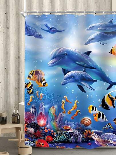 1pc Dolphin & Turtle Pattern Polyester Waterproof Bathroom Shower Curtain, Modern Decor Water-Resistant Anti-Mildew Bathroom Window Curtain Back To School Bathroom Decor