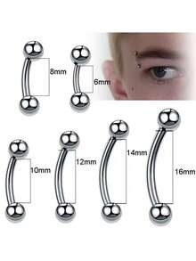 6件不锈钢弧形杠铃眉钉耳环防过敏外线香蕉饰品适用于眉毛、耳屏和软骨穿孔