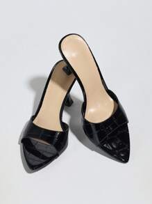 Jin Bei Qi Women's Pointed Toe High Heels Mules, Shiny Strap, Textured Stone Pattern, Perfect For Party, Wedding, Nightclub, Outdoor, Elegant Black Sandals