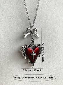 1 pieza Collar de cadena de acero inoxidable estilo retro único para mujer con colgante de corazón, moño y cruz en rojo y negro de estilo gótico oscuro y punk