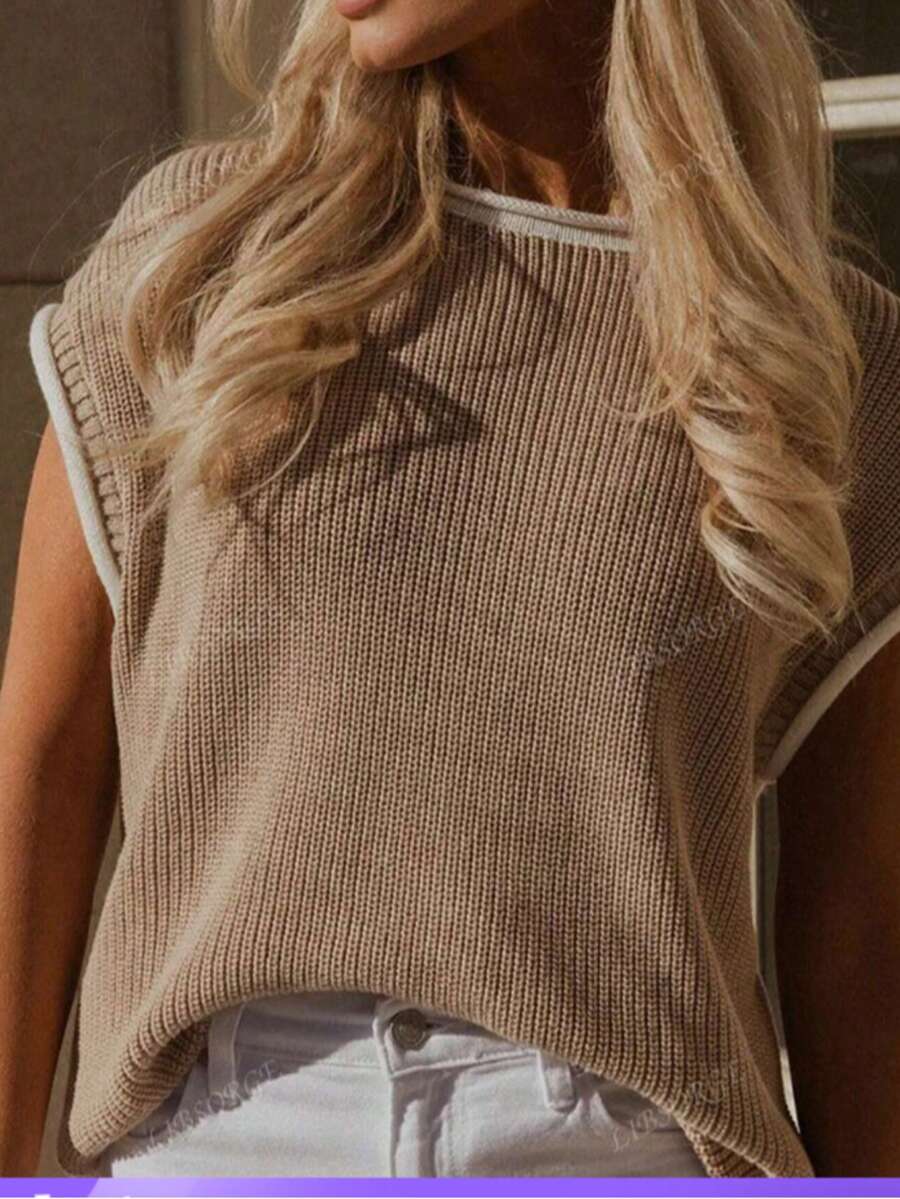 Áo len dệt kim tay cánh dơi màu khối cỡ lớn cho nữ, áo len cardigan chắp vá màu tương phản, áo ba lỗ không tay cho mùa hè và mùa xuân - Màu Khaki - Xem 1