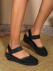 Breathable Lightweight Fashionable Rope Platform Wedge Heels Cap Toe Women Shoes - All Black - View 5