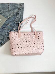 休闲大容量菱格纹纯色蝴蝶结手提包，简约时尚托特包，2025新款 - 粉色 - 查看 5