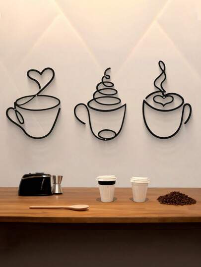 3-delars set modern svart metall kaffekopp väggbonad konst, café heminredning, hantverk väggdekor, lämplig för vardagsrum, matsal, köksbakgrund, inomhusbruk (med monteringsskruvar)