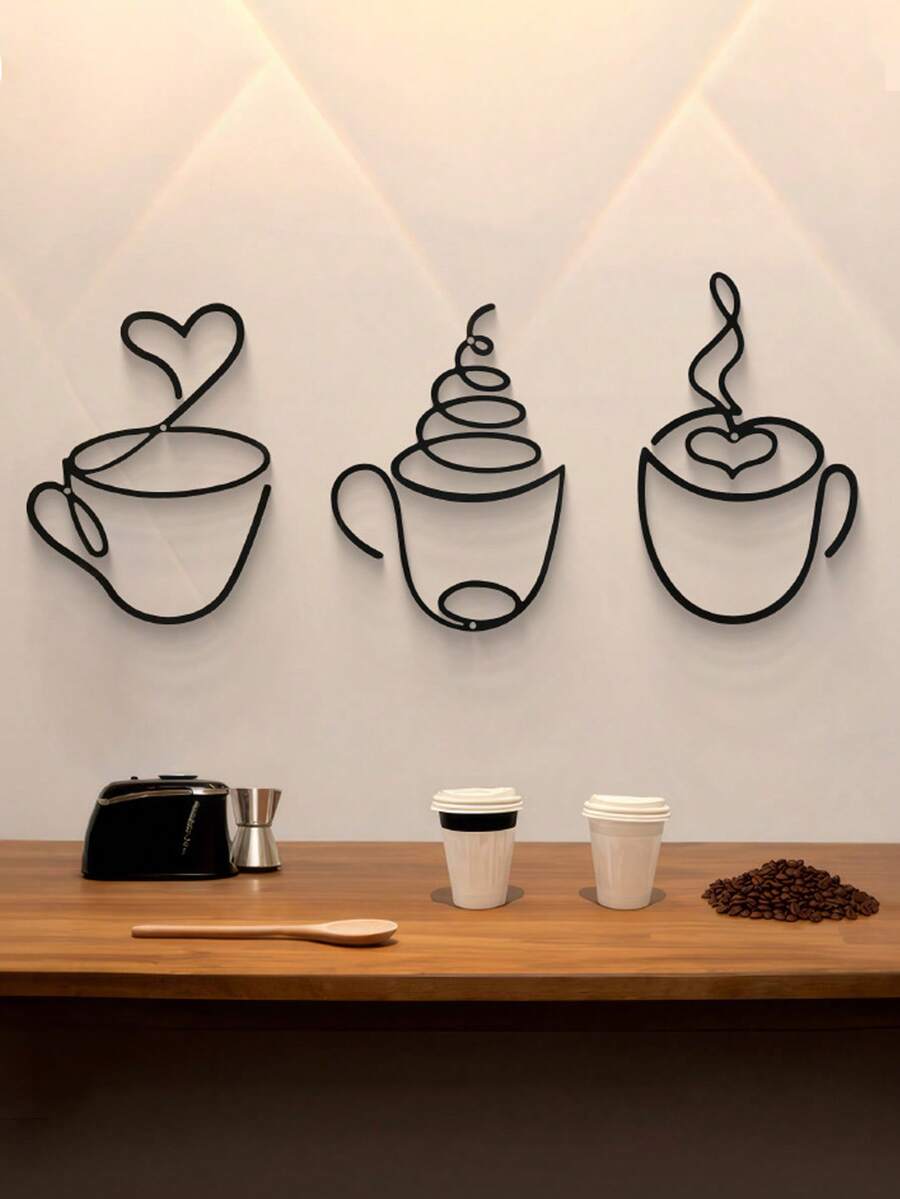 3pcs Set Modern Black Metal Coffee Cup Wall Hanging Art, Cafe Home Decor, Crafts Wall Decor, Suitable For Living Room, Dining Room, Kitchen Background, Indoor Use (With Installation Screws)