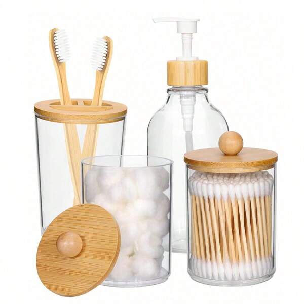 4pcs Bathroom Accessories Soap Dispenser, Cleaning Swab Holder Jars, Toothbrush Holder, Boho Bathroom Decor Storage Box, Aesthetic Room Decor, Home Decor, Kitchen Accessories, Bedroom Decor
