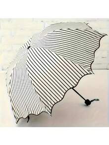 Fashionable Waterproof Striped Umbrella, Manual Folding Umbrella, Distinctive Waterproof Striped Umbrella With Lace Details - Durable Iron Frame, Easy To Clean In Rainy Days, Easy To Clean Sun Umbrella
