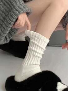 3 Pairs Women Ruffle Trim Solid Color Mid-Calf Socks, Cute And Simple, Essential For Daily Wear