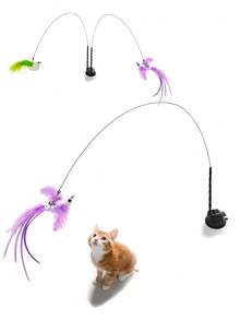 逗猫棒玩具，带羽毛和铃铛，钢杆吸盘底座，自娱自乐猫玩具 | 趣味猫玩具 | 耐用猫玩具，人造纤维羽毛逗猫棒，猫咪用品 - 紫色 - 查看 9