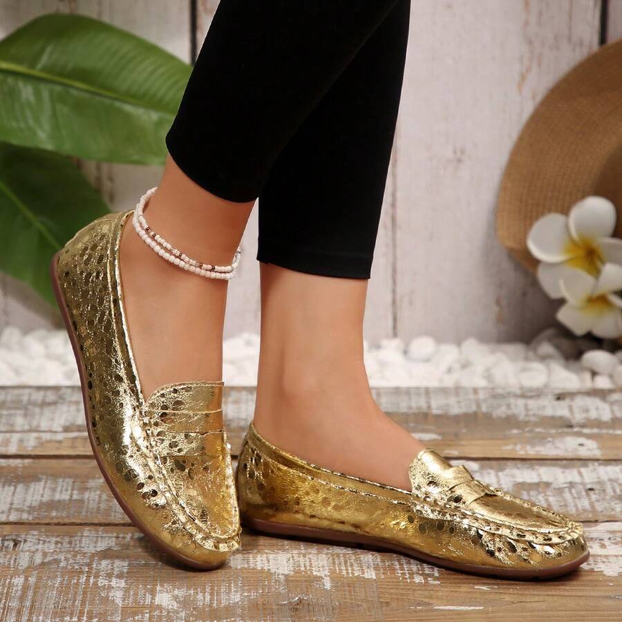 Women's Flat Slip-On Casual Loafers, Soft Bottom, Outdoor Non-Slip Flat Shoes, Lightweight & Comfortable Work/Casual Shoes For Middle-Aged Mothers, - Gold (Stone) - View 1