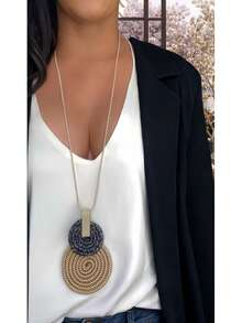 Women's Long Necklace Color Handmade Mandal Pendant - 25. Beige Blue Mix - View 1