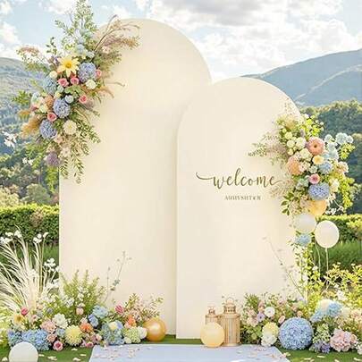 1pc Beige Wedding Arch Backdrop Cloth, Party Decoration Cover Set, 6in, 6.6ft, 7.2ft, Elastic Double-Sided Arch Frame Backdrop Cloth, Semi-Circular Top Wedding Arch Frame Backdrop Cover, For Wedding, Birthday Party, Graduation Ceremony, Banquet, Anniversary, Decoration, Party Banner, Pennant