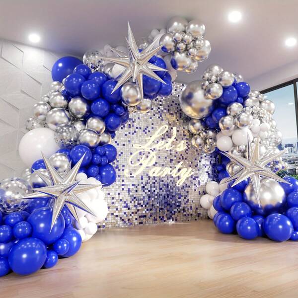 130pcs Navy Blue And Silver Balloon Arch Garland Set, Navy Blue White Silver Balloons Suitable For Boys Girls Kids Babies Shower Gender Reveal Wedding Birthday Room Graduation Retirement Party Decorations