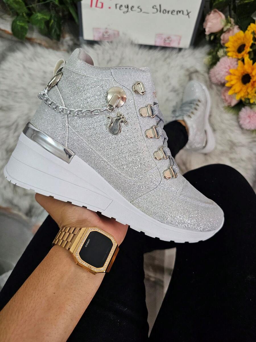 Tenis Zapato de Mujer Plataforma con Brillos Glitter Cuña, Cómodos, con detalles Métalicos Cadena , Juvenil Casual Fiesta Al aire libre Sexy Fiesta Oficina Casa Exterior Ideal para Graduación , Versátiles 2026 - Plateado - Ver 1