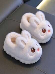 1 par de pantuflas con diseño de orejas de conejo de peluche, con forro de piel sintética suave y suela de goma antideslizante, pantuflas cálidas para el interior del hogar para niños pequeños y niños - Blanco - Ver 2