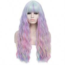 Colorful Rainbow Wigs With Bangs For Women Pastel Long Wavy Curly Colored Purple Goth Hair Wig For Music Festival Themed Parties Halloween Wedding 27.5''