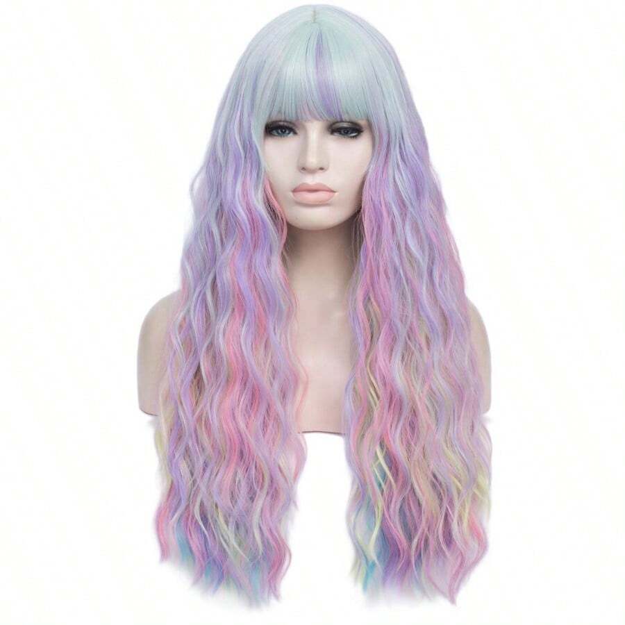 Colorful Rainbow Wigs With Bangs For Women Pastel Long Wavy Curly Colored Purple Goth Hair Wig For Music Festival Themed Parties Halloween Wedding 27.5''
