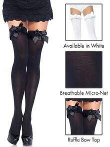 Women's Opaque Thigh Highs With Satin Ruffle Trim And Bow Cjtpuh2dian