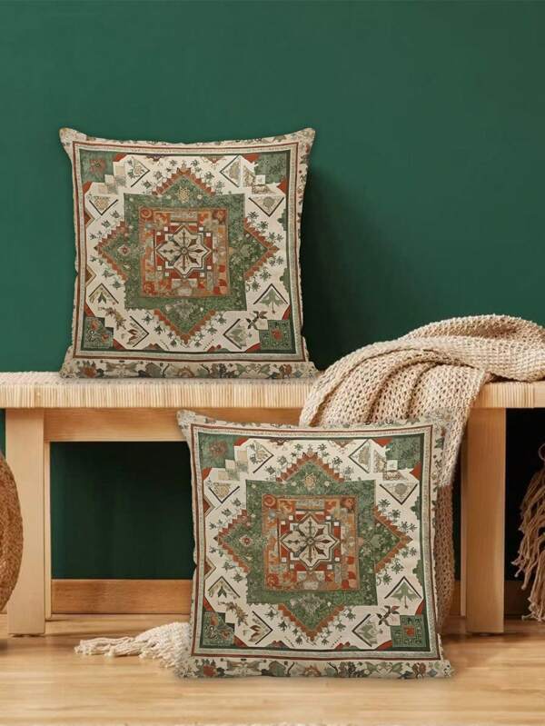 2 pièces Housse de coussin décorative en velours bohème mandala floral, housse de coussin décorative en polyester douillet, vert et marron, housse de coussin décorative vintage turque, literie douillette, l'insert de coussin n'est pas inclus