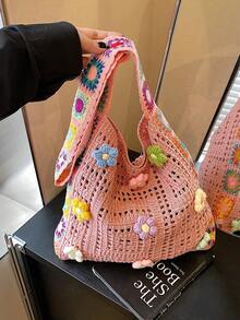Dedoo Bohemian Style Women's Tote Bag, Large Capacity Open-Top Handbag, Beach Bag, Travel Accessory, Woven Texture, Suitable For Work, School, Beach, Crochet, Holiday (Flower Color/Position Random) (Strap Color/Pattern Random) - Pink - View 4