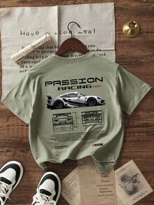 Tween Boys Students Casual Printed Rundringad Kortärmad T-shirt, Sommartopp - Olivgrön - Visa 3