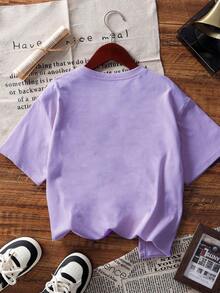 1 件青少年女孩休闲印花短袖套头 T 恤，学生舒适时尚夏季上衣