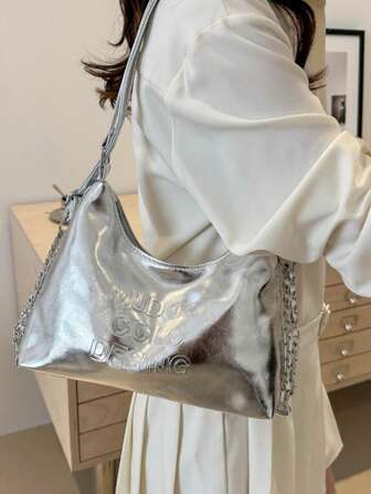 多功能闪亮银色斜挎包、单肩包、背包和腋下包，适合女士