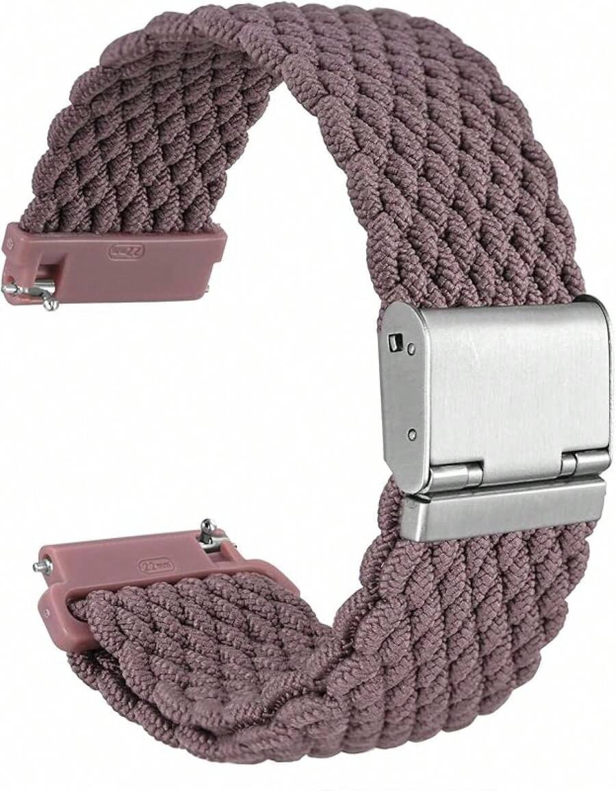 Correa de Reloj de Nylon Trenzado de 22mm para Hombres y Mujeres, Liberación Rápida, Hebilla de Acero Inoxidable Negra (Azul) - Woodrose (hebilla plateada) - Ver 1