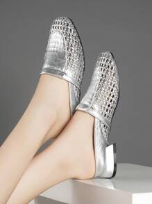 Women Summer Goldtone Slide Sandals / Hollow Breathable Flat Slip-On / Women Woven Silver Flat Sandals