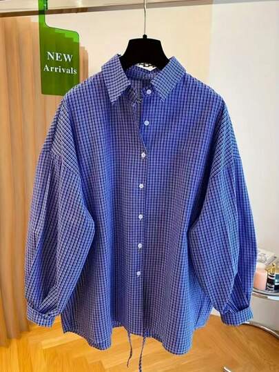 Women's Plaid Tie-Up Back Slit Casual Loose Shirt Spring