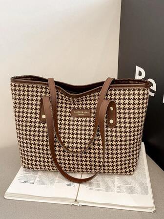 复古千鸟格托特包2025新款设计，大容量高品质手提包，女士通勤单肩包