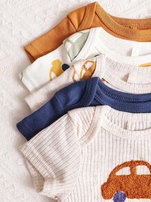 5PCS Car Pattern Round Neck Short Sleeve Solid Color Full Print Pattern Towel Embroidered Bodysuit For Boys, Girls, Baby Triangle Bodysuit Outdoor Fashion Dressing For Spring, Summer, Autumn - Multicolor - View 6